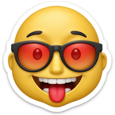 3D emoji character with bright yellow face, wide open smile showing white teeth and red tongue, raised brown eyebrows, and black sunglasses, rendered in a playful and glossy style on transparent background sticker