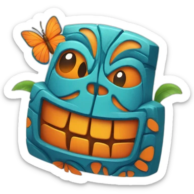 Cartoon Blue and orange smiling tiki with butterfly  sticker