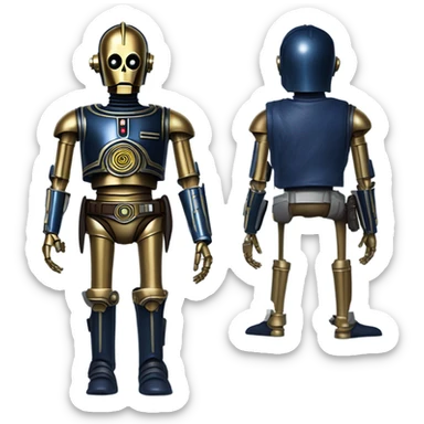 tough well-equipped jedi first order life-sized darkblue-pearl C3po as a friendly bounty hunter droid wearing a leather clothing old west duster coat holding light saber sticker