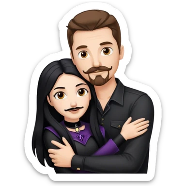 tall white man with brown hair goatee mustache hugging a goth woman with long black hair sticker