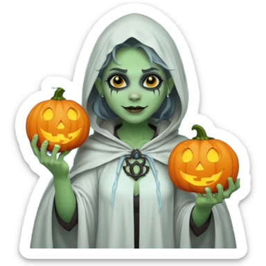 female orc ghost emoji, green skin, tusks, gentle smile, wearing flowing white ghost cloak with black eye holes, holding pumpkin lantern, faint glowing blue mist, Halloween fantasy, smooth Apple emoji style, white background, square sticker