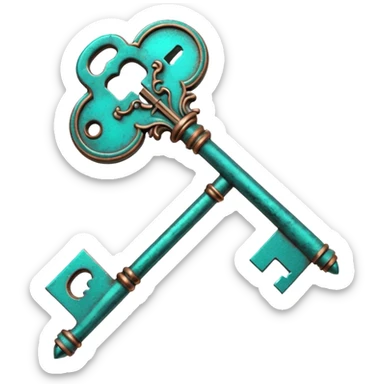 3D render of Vintage Key, heavily oxidized copper texture, verdigris patina, Ornate key fully turned teal, weathered bronze aesthetic, ancient decay, emoji style, isolated on white background --v 6.0. sticker