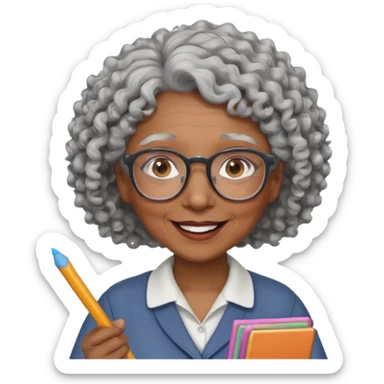 old woman teacher, brown skin, curly grey white hai, wearing glasses, hold chalk on hand sticker