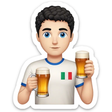 white guy thick eyebrows blue eyes with short curly black hair holding beer wearing a shirt with the italian flag sticker
