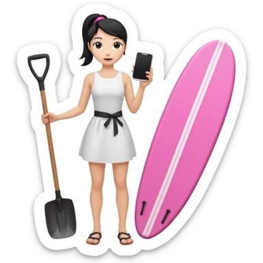 Princess who wearing white dress (woman) black ponytail hair holding her cellphone and  one garden shovel with another hand. She is standing on her feet, there is one pink surfing board. sticker