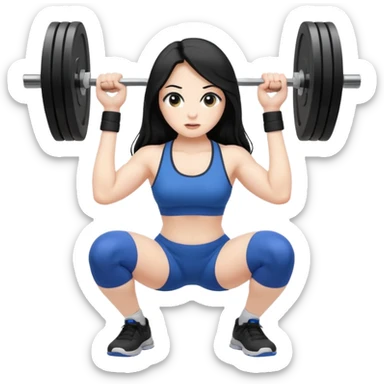 Pale girl with long black hair squatting weight, with laptop  sticker