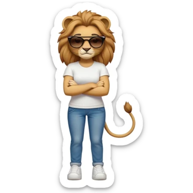 friendly anthropomorphised female lion character, full body, standing confidently with legs shoulder width apart and arms folded, wearing jeans, a white t-shirt, dark sunglasses, and trainers, with a determined expression sticker