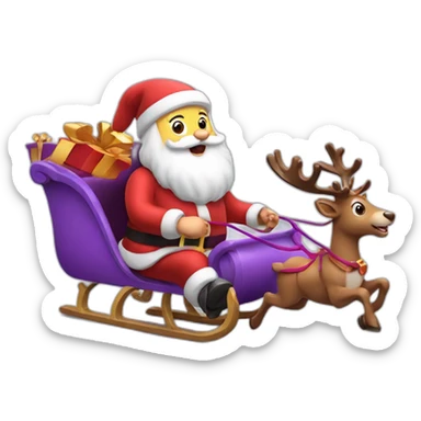 Santa Claus dressed in purple running with his sleigh and reindeer to deliver presents sticker