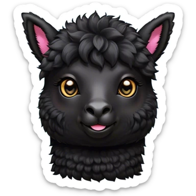 Cinematic Cute Black Alpaca Portrait Emoji, Head tilted playfully and inquisitively, featuring a plush, shiny jet-black fleece with a lustrous sheen, round, sparkling dark eyes filled with curiosity, Simplified yet irresistibly adorable features, highly detailed, glowing with a warm, friendly glow, high shine, affectionate and gentle, stylized with a touch of whimsy, bright and endearing, soft glowing outline, capturing the essence of a mischievous yet loving alpaca, so playful it feels like it could prance out of the screen and into your arms! sticker