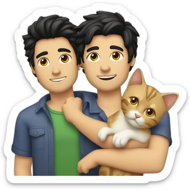 Gay couple, 1 guy Latino black straight black hair and 1 Australian white guy with blonde slightly curly hair holding a cat sticker