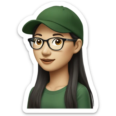 Hyper realistic, look from side, asian adult woman, light white skin, smiling with teeth, black eyes, spotted frame glasses, long brown straight hair with highlighted strands, black T-shirt, dark green cap. sticker