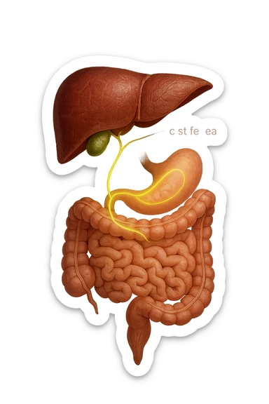 A detailed anatomical illustration-style image focusing on the human torso, highlighting the liver, gallbladder (cistifellea), and intestines. The organs are shown with realistic textures and colors: the liver in deep reddish-brown, the gallbladder as a small greenish sac tucked under the liver, and the intestines in soft pinkish hues. Connecting these organs are glowing, semi-transparent lines or light trails in vibrant colors (e.g., bright yellow or green) that visually trace the functional and physiological links between them. The lines flow smoothly from the liver to the gallbladder and then down to the intestines, symbolizing bile flow and digestive processes. The background is a subtle dark gradient that enhances the brightness and clarity of the lines and organs. The style is a blend of medical illustration and modern digital art, clear, precise, and visually engaging sticker