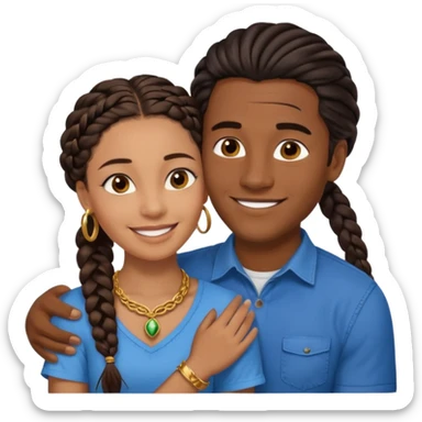 smiling embracing interracial couple. dark ebony woman with long braided hair and jewelry. brazillian man short hair wearing blue. sticker