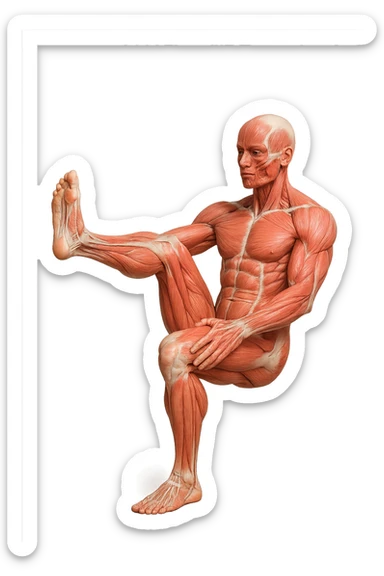 CORPO UMANO ANATOMICO REALISTICO CHE FA UN ESERCIZIO DI MOBILITà ARTICOLARE ALLE GAMBE, IPERREALISTICO 4K sticker