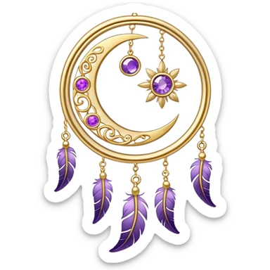 Epic beautiful gorgeous cute gold suncatcher, threads with shiny sparkly amethyst gemstones, flowers, crescents-moons, stars, violet Feather, gold feather sticker
