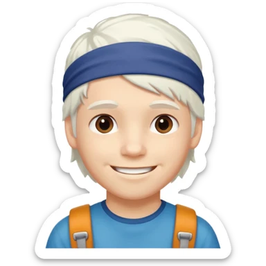 young climber boy with white hair and headband sticker
