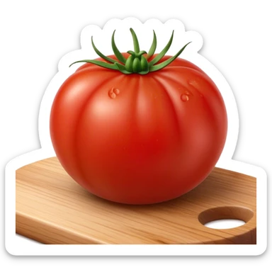 Cinematic juicy ripe tomatoe, deep red, slightly dewy, arranged on a wooden cutting board, soft glowing background, rich and flavorful. sticker