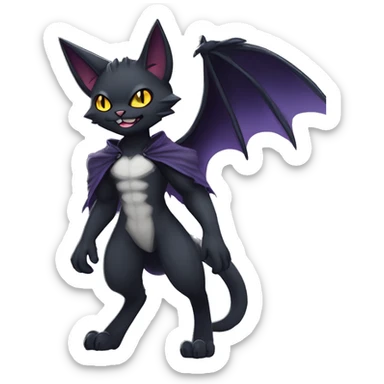   cool edgy beautiful anime-style ethereal dark-punk-themed animal vampiric cat-hybrid Fakemon with fangs and bat-wing-ears with a cape full body sticker
