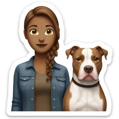 white woman with straight long brown hair alongside a white pitbull sticker
