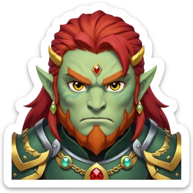 Ganondorf, Legend of Zelda, pale green skin, golden irises, black pupils, long layered red hair, short thick red beard, no mustache, thick red eyebrows connecting to hair, scowling, angry, stoic, dark armor, demon armor, forehead jewelry, topaz jewel on forehead sticker