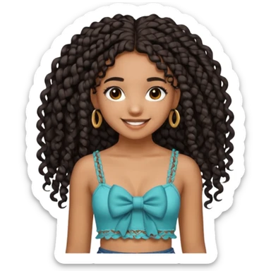 Girl with long black hair curly knotless boho braids mixed girl crop top with a bow on the crop top sticker