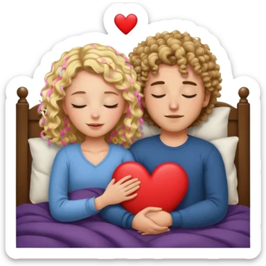 cuddling in bed, asleep. wavy haired blonde girl. curly haired brunette man. eyes closed. heart between them. no headboard sticker