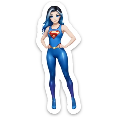 White woman-long legs-very very very larger upper body-sexy face-bending forward-very long very straight dark blue to light blue ombre hair-and-blue eyes-thick black eyeliner-thick long eyelashes-iridescent blue lowcut tanktop with black leggings with glitter superman logo sticker