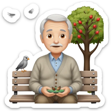 retired man feeding birds, gentle expression, cardigan sweater, sitting on a park bench sticker