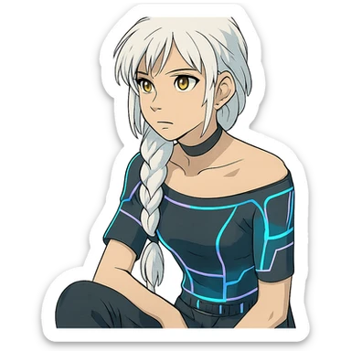 closeup portrait of young woman with gold yellow eyes, white hair in a long braid, black off-shoulder top, punk gothic style, futuristic cyberwave, sitting position, ghibli style sticker