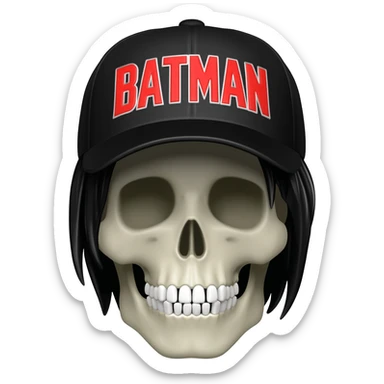 Create a skeleton head wearing a black baseball cap that says " Batman " in red, and white lettering, with black hair sticker
