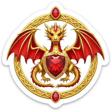 Golden Dragon with wings crest/brosch in a circle with red gems sticker