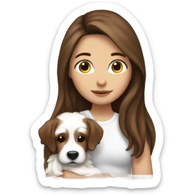 Girl Brunette  with brown long hair, hugging her white bishon sticker