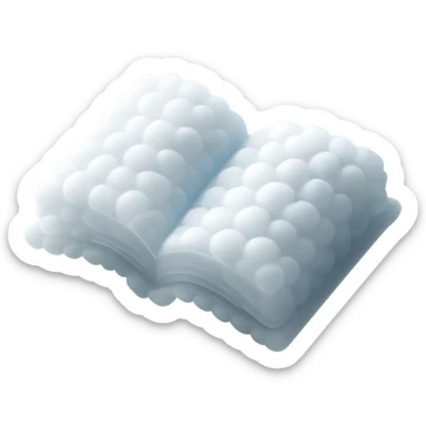 top view of a thick open book made entirely of small, very bright white fluffy convex clouds, matte glass style sticker