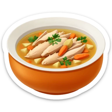 Mexican chicken broth (consomé de pollo): warm golden soup with shredded chicken, carrot, potato, and cilantro in a simple bowl sticker