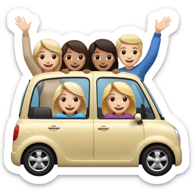 a basic small car with a simple body and low color saturation, five people (mixed genders) sitting inside, all leaning out of the car's side windows, five clear smiling faces, overall in apple standard emoji style, happy and cute expressions on the people sticker