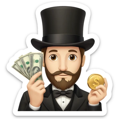 Stereotypical Jew with super long nose,medium hair, and top hat,beard with no mustache holding money sticker