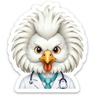 A White Silkie Bantam rooster dressed like a doctor.  The head feathers look like a large, fluffy wig.  sticker