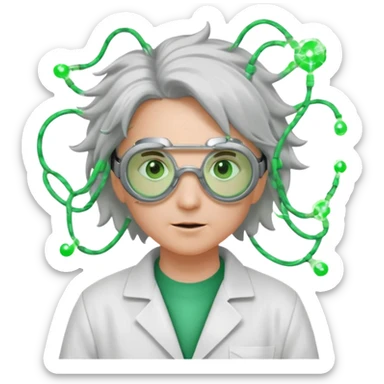 Appearance: Wild silver hair crackling with static electricity, goggles with flickering green lenses, lab coat with glowing circuit patterns.
Vibe: A time-bending genius obsessed with harnessing electricity and temporal flux. sticker