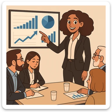 Convert this image to a cartoon style with a confident, successful CEO vibe. The girl should have slightly longer hair and lighter skin tone, maintaining her confident expression and professional appearance. sticker