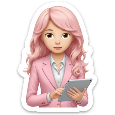 Long wavy hair girl with a fring and a light pink suit working with a tablet sticker