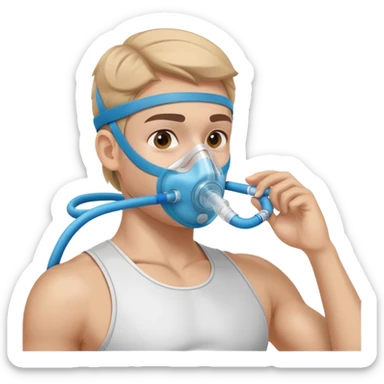 Athlete wearing VO2 max testing mask covering nose and mouth, with tubing connected to measurement equipment sticker