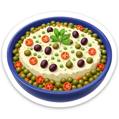 Salată de boeuf: a Romanian festive salad made with finely chopped boiled vegetables, pickles, peas, and beef or chicken, all mixed with mayonnaise and decorated with olives and pickles. sticker