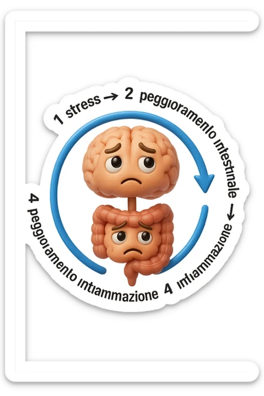 EMOJI STILE IPHONE 3D DI un cerchio con queste scritte che girano intorno in ordine per come li ho scritti "1. stress → 2. peggioramento intestinale → 3. aumento infiammazione → 4. peggioramento sintomi intestinali e sistemici." al centro del cerchio metti un cervello e intestino umani collegati verticalmente con espressione dubbiosa in volto, FALLO MOLTO REALISTICO IN 3D sticker