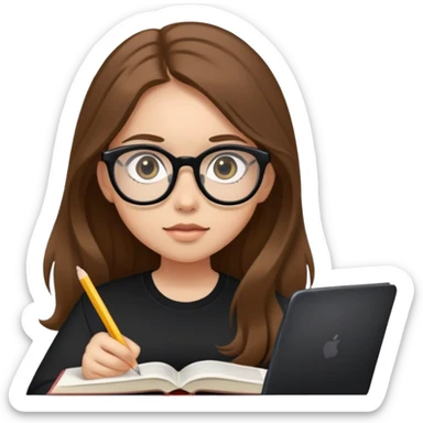 A girl with long brown hair, light skin and big eyes, also wearing a black shirt and glasses is studying sticker