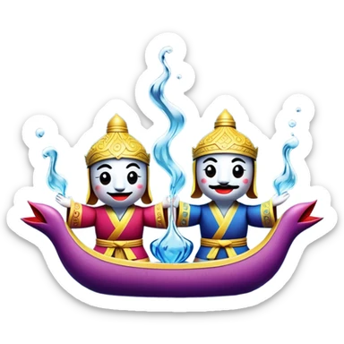 Cinematic Realistic Water Puppetry Emoji, depicted as a whimsical scene of traditional water puppets performing on a reflective water stage, rendered with vivid textures and dynamic playful lighting that captures its enchanting charm. sticker
