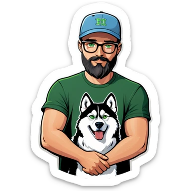 A bold man with a grey baseball cap, green eyes, big beard and glasses holding a husky dog sticker