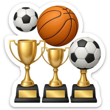 a basketball, soccer ball, volleyball, and a football all mixed with a trophy sticker