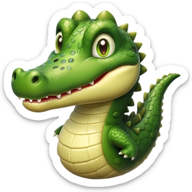 Cinematic Realistic Cute Crocodile Portrait Emoji, Head tilted playfully and inquisitively, featuring a robust, well-defined build with intricately detailed, glossy olive-green scales and a surprisingly endearing face with round, sparkling eyes full of unexpected charm, rendered with lifelike texture and natural highlights, high shine, affectionate and spirited, styled with a touch of wild whimsy, soft glowing outline, capturing the essence of a mischievous yet lovable crocodile that seems poised to snap playfully out of the screen into your arms! sticker
