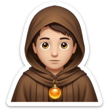 Coarse, hand-woven brown robes with deep,  shadowed cowls  with A dark, light-absorbing void within the hood where only two glowing yellow or orange eyes are visible. In AI generation, specify "glowing orb-like eyes" or "beady luminous eyes". sticker