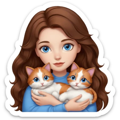 girl with long wavy brown hair, blue eyes, long lashes makeup, cuddling with 6 cute cats sticker